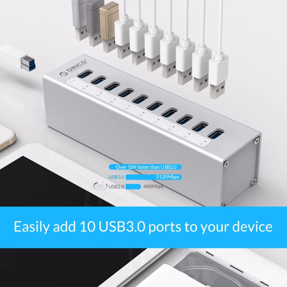 ORICO алюминиевый 10 портов мульти USB3.0 концентратор интерфейс Высокая скорость 5 Гбит/с разветвитель для ПК ноутбук 12 В адаптер питания Серебро