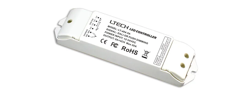 

LT-404-5A;DALI to PWM CV Dimming Driver;DC5-24V input;5A*4CH Max 20A output;DALI/Push button signal input