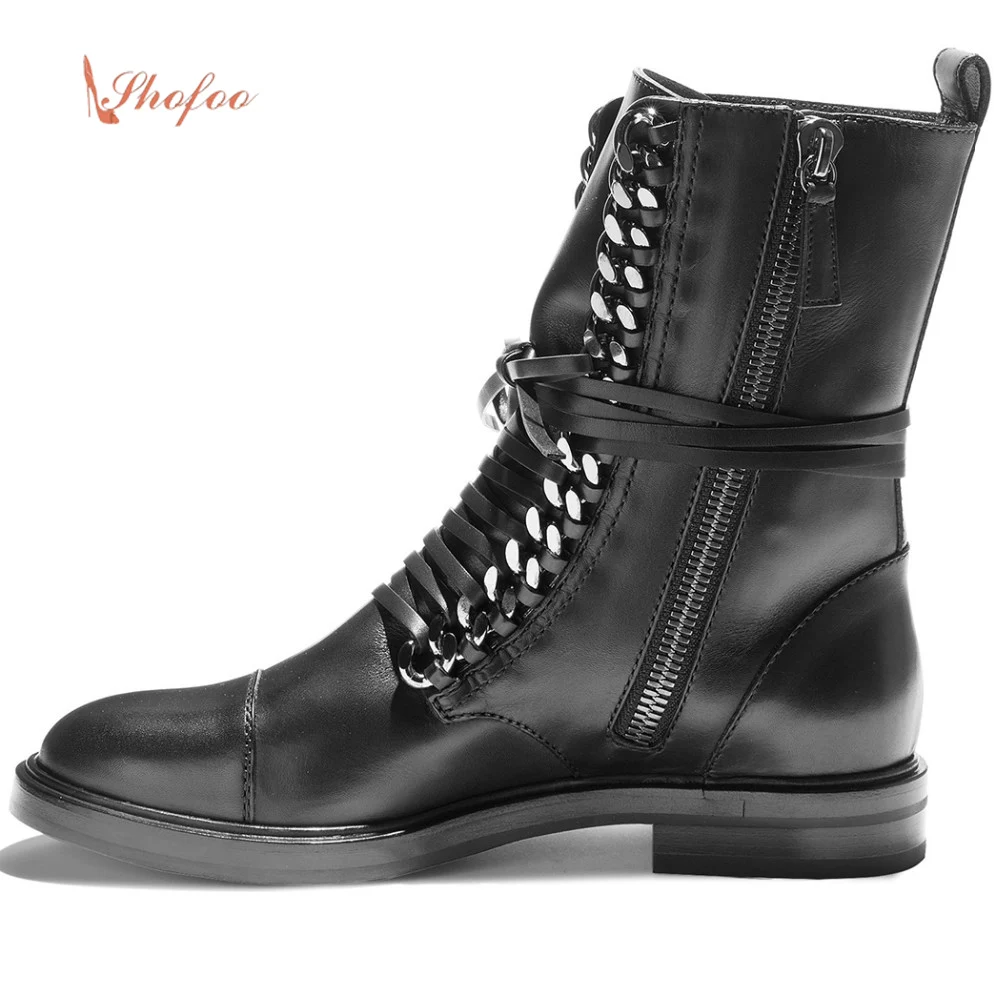 Shofoo High Quality Women Fashion 2017 Mid-calf Boots Black Low Heels Shoes Dress&Party&Office  , Big Size 4-16.