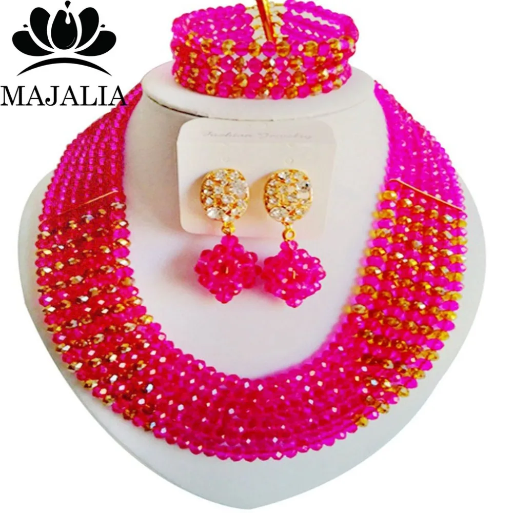 

Trendy Nigeria Wedding Fuchsia Pink african beads jewelry set crystal necklace bracelet earrings Free shipping Majalia-097