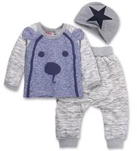 Winter 3pcs baby set!! Newborn Infant Baby Boys Girls long sleeve cartoon T-shirt Tops+grey long Pants + hat