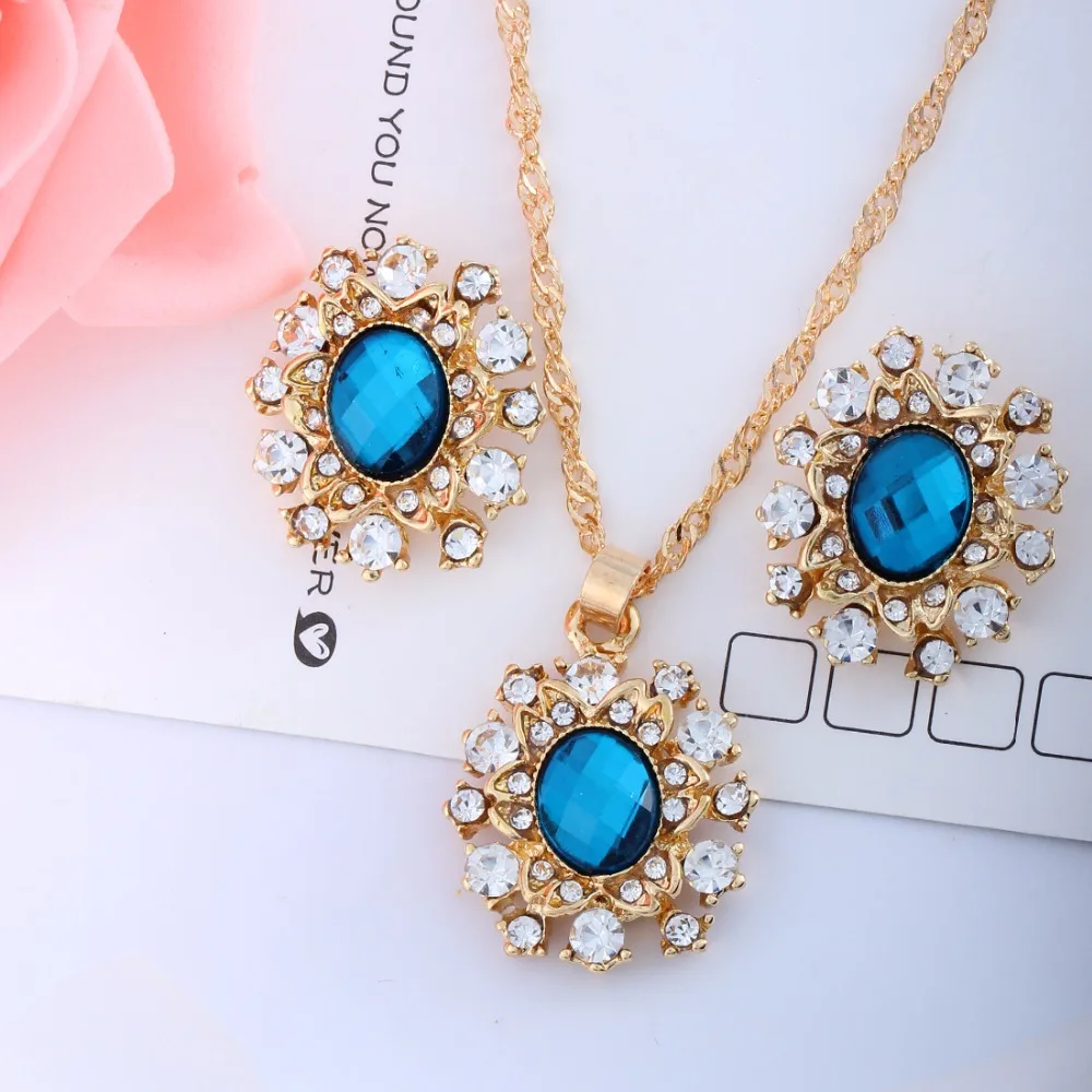 

New Fashion Green Blue Stone Austrian Crystal Stud Earrings Jewelry Set Bridal Women Flowers Gold Color Dubai Jewelry Sets