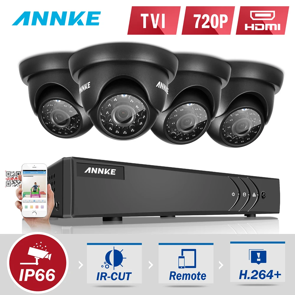 

ANNKE 4CH HD TVI 1080P Lite CCTV Video Security System DVR with 1TB Hard Drive and (4) 720P Outdoor Fixed Weatherproof Cameras