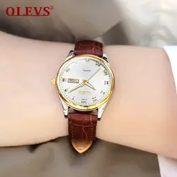 OLEVS роскошные часы Для женщин бренд Водонепроницаемый календарь кварцевые наручные часы кожа розового золота часы женские наручные часы