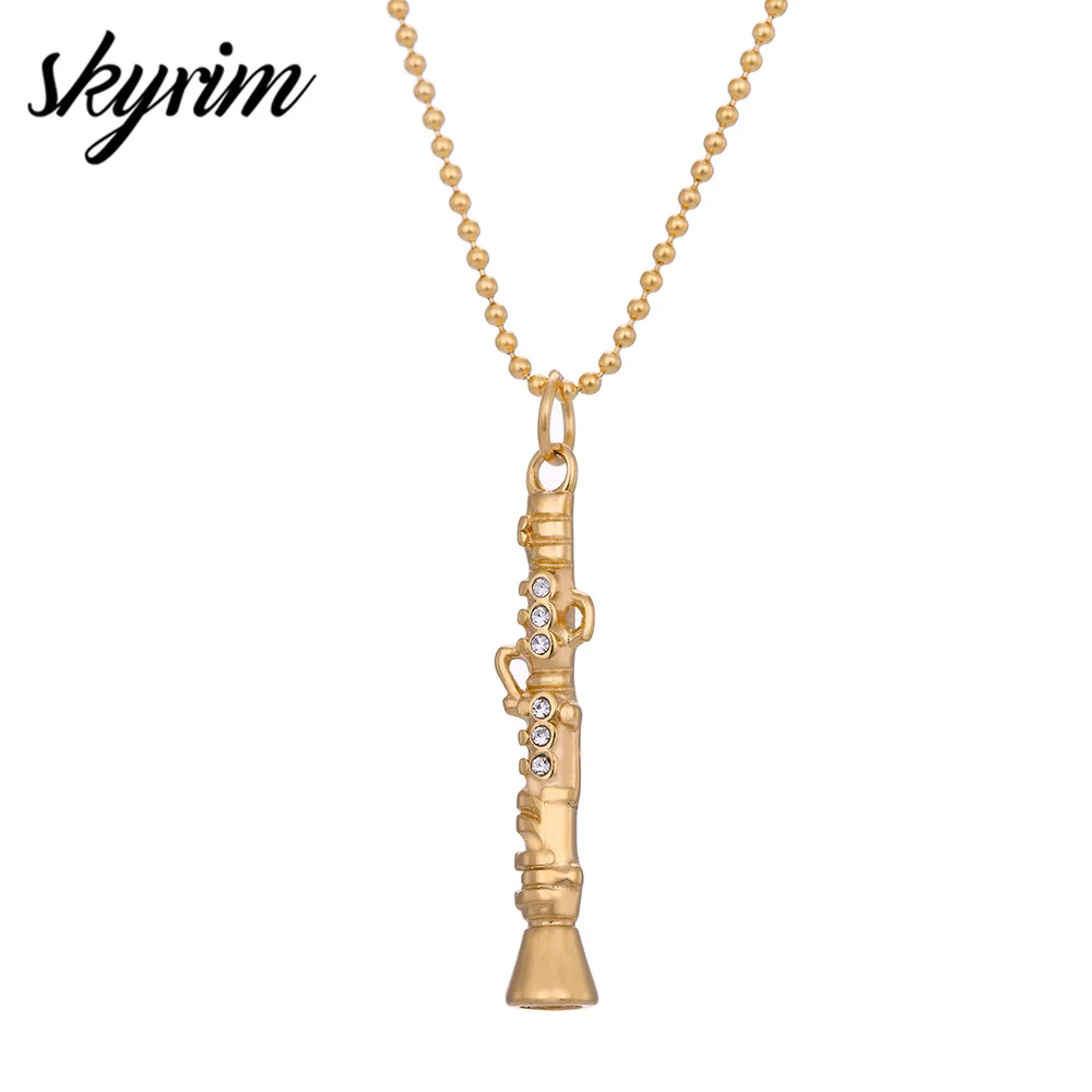 Skyrim Stainless Steel Necklace Crystal Instrument Flute Pendant Gold
