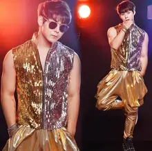 Gold men’s clothing stand collar punk rock clothes paillette mens sequins vest costume singer dance stage fashion plus size 3XL
