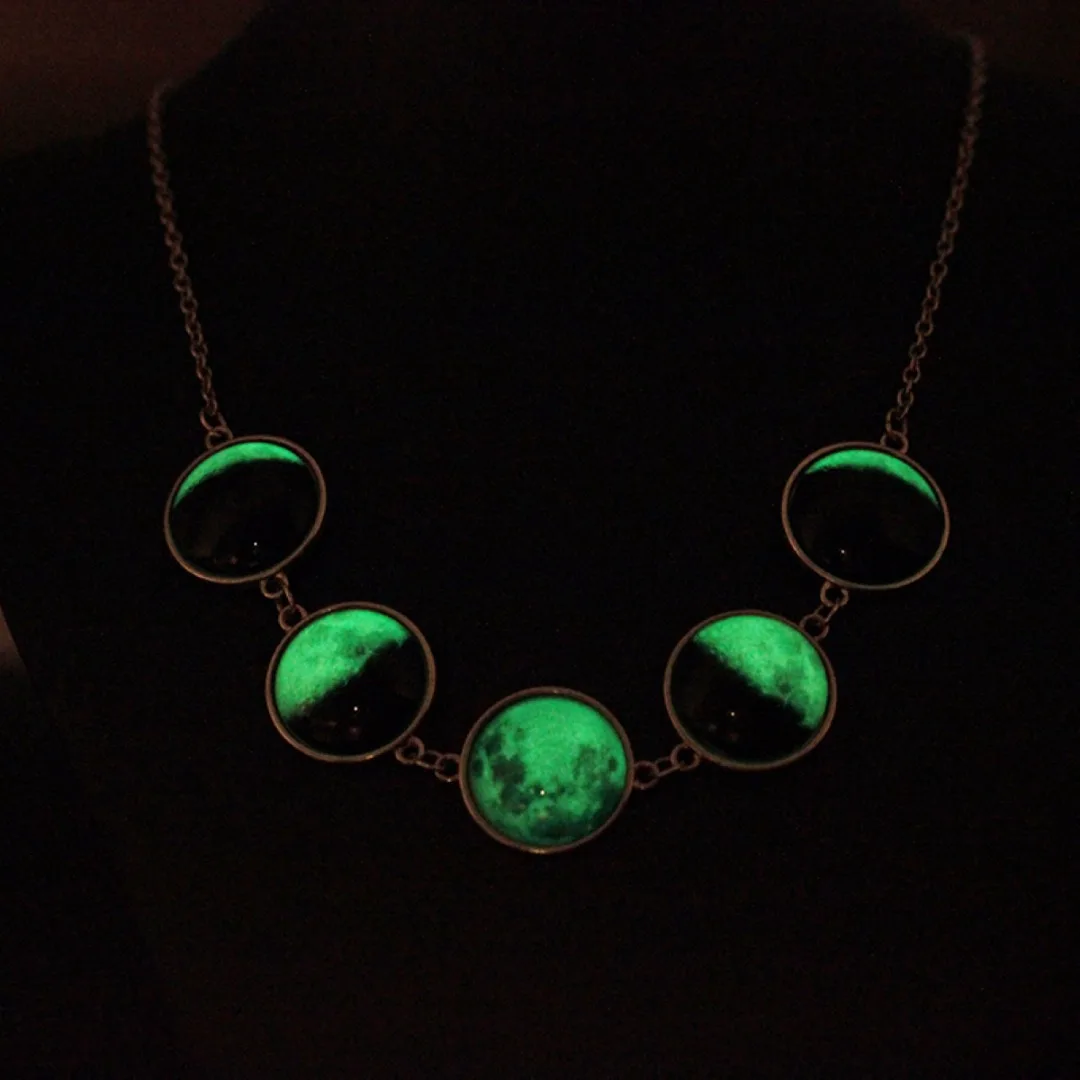 Luminous Glow in the Dark Lunar Moon Phase Glass Dome Cabochon Necklace