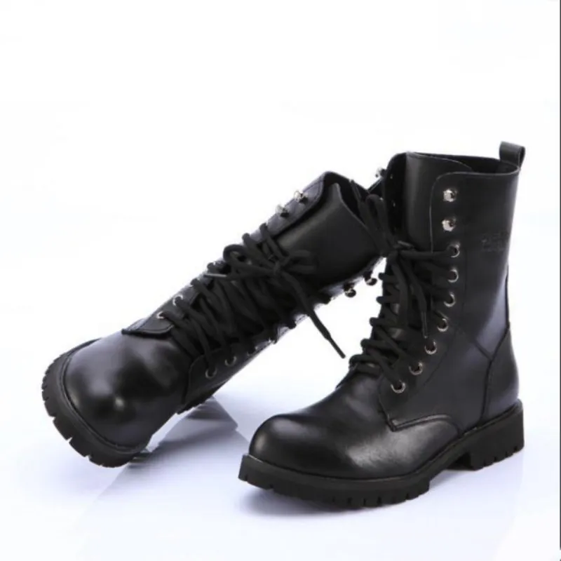 2019 Retro Combat Boots Winter British genuine Leather Military Boots punk rivet Charm Lace Up Men