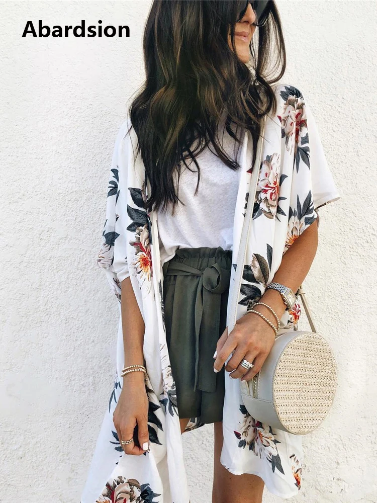 

Abardsion Kimono Cardigan Women 2019 Long Chiffon Blouses Ladies Casual Floral Print Tops White Kimono Boho Summer Cardigan