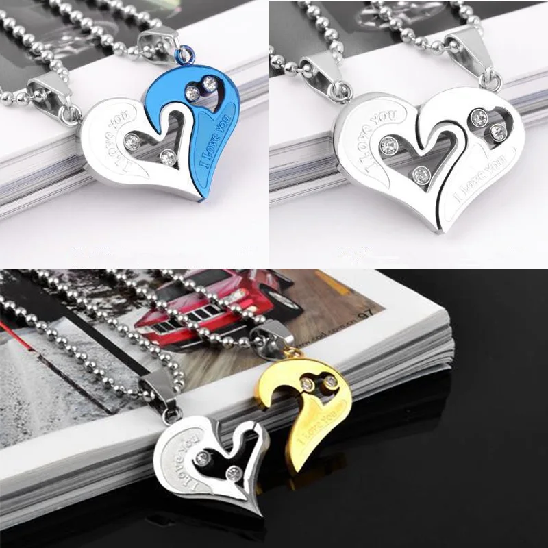 

2pcs Set Heart Shape I Love You Stainless Steel Lovers Pendant Necklace Puzzle Half Heart Pendant Couple Girlfriend Jewelry
