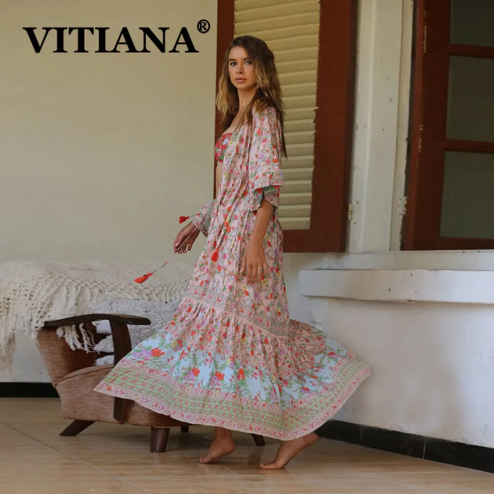 

VITIANA Women Beach Loose Long Dress Summer 2019 Female Print Buttons Bohemian Pink Sexy Party Dresses Ladies Casual Vestidos