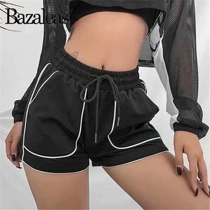 

Bazaleas Streetwear Punk Like Silk shorts feminino Patchwork Smooth Sport Women shorts Fashion pockets shorts drop shipping