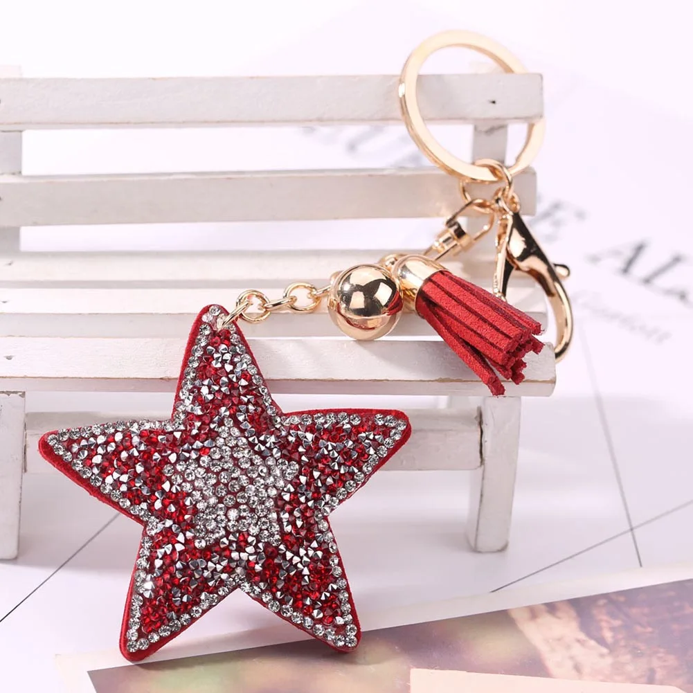 1PC Women Crystal Rhinestone Star Keychain Leather Tassel Beads Key