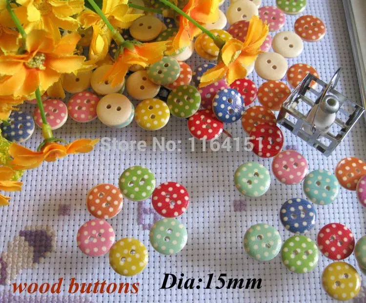 

Wholesale 150pcs 15mm Wooden Button Bulk Charms Round Shape Painted Dot Fit Garment Sewing botao para artesanato