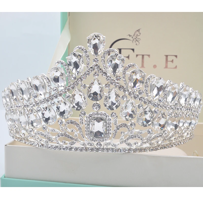 Роскошная винтажная Серебряная свадебная корона AB, свадебная тиара из сплава в стиле барокко, Королевская корона, Стразы золотого цвета, полукруглая тиара, Корона