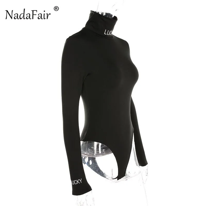 Женский боди с высоким воротником Nadafair черный облегающий длинным рукавом Осень