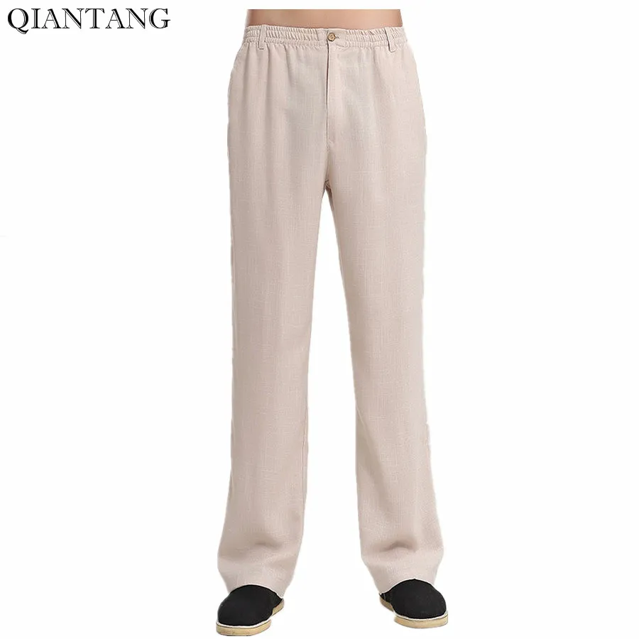 Hot Sale Beige Men's Cotton Linen Trousers Chinese Traditional Male Pants with Pocket Size S M L