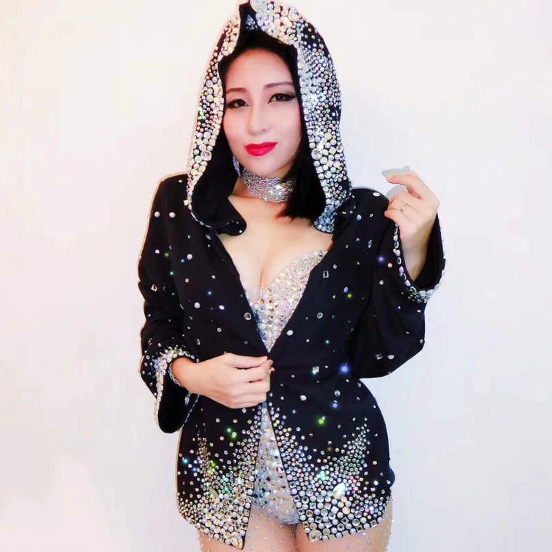 

Nude crystal Jazz Dance Costumes Bright Diamond Jumpsuit Jacket Bar Dj Sexy Nightclub DS Singer Stage Show Rave black coat