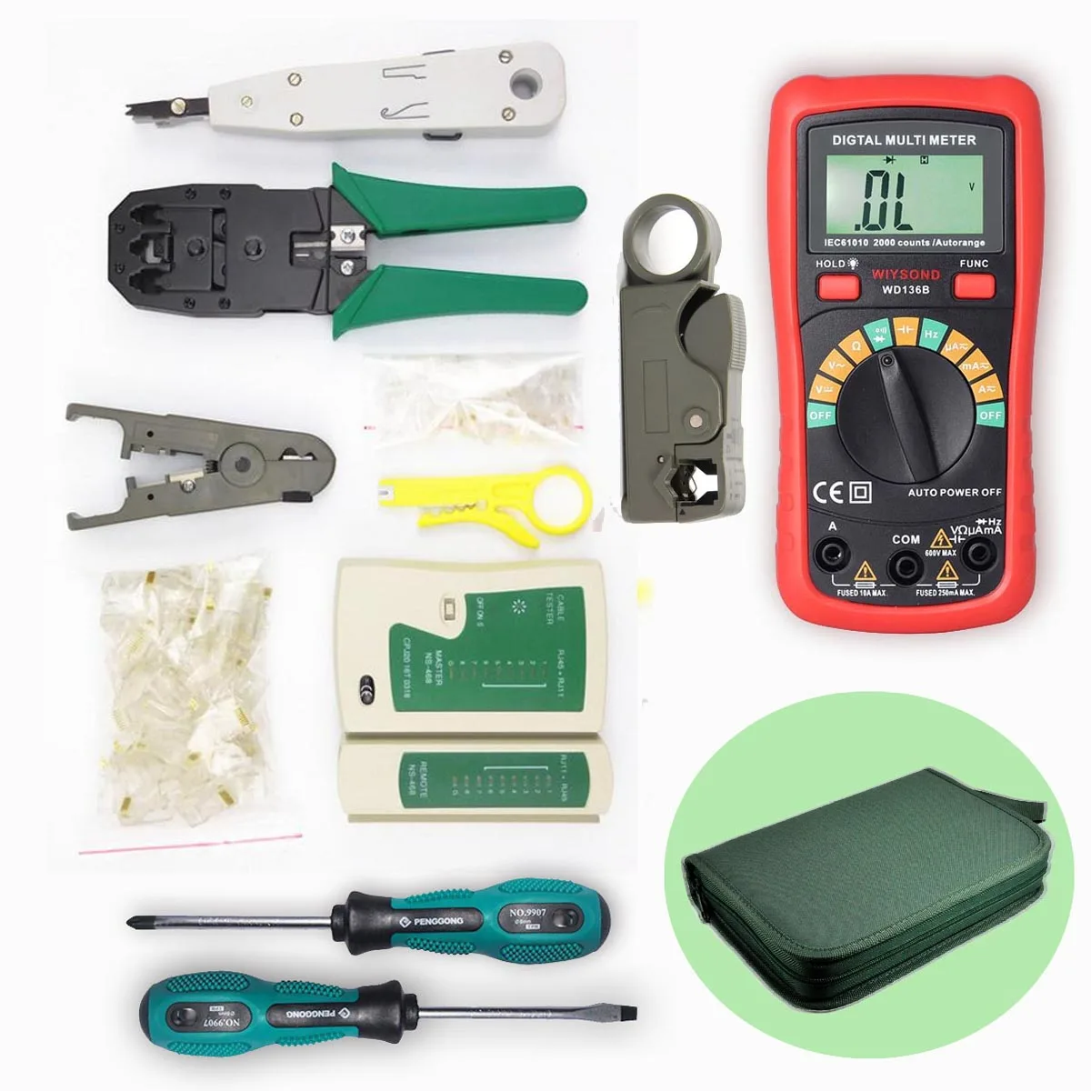 

TL042 10 in 1 Network Technician Tool Set Bag Wire Stripper Tracker Pliers Crimping Tool Set Multimeter