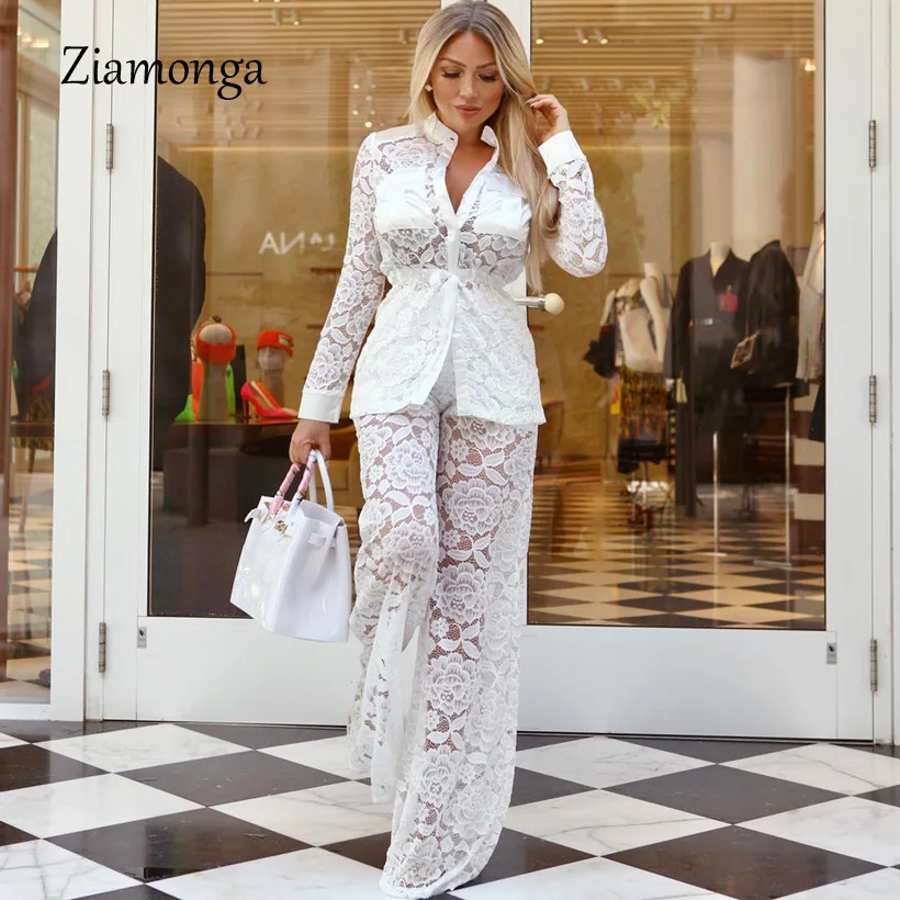 

Ziamonga Lace Blazer Feminino Two Piece Set Crochet Lace Luxury Overalls Elegant 2 Pieces Pants Suits Sexy Clothing Costumes