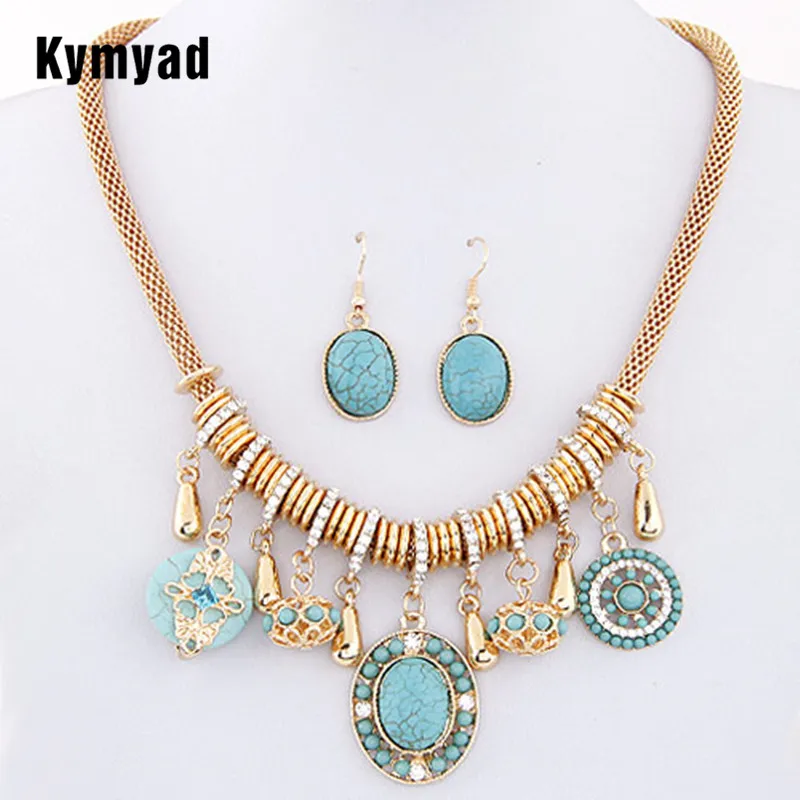 Kymyad Fashion Vintage Costume Jewelry Red/Blue Bohemian Resin Stone Women Jewelry Sets Necklace Earring Sets For Women Bijoux Kymyad Fashion Vintage Costume Jewelry Red/Blue Bohemian Resin Stone Women Jewelry Sets Necklace Earring Sets For Women Bijoux