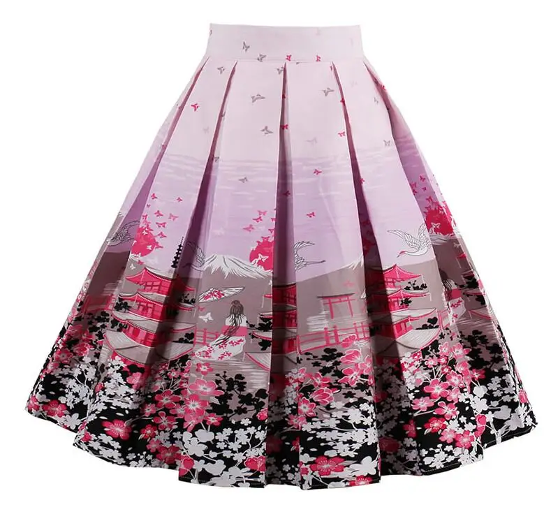Летняя винтажная юбка с высокой талией в стиле ретро с цветочным принтом, элегантные юбки миди, S-XXL юбки, Женская юбка миди