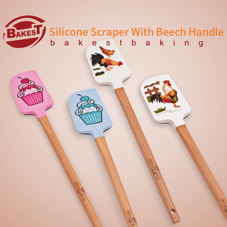 BAKEST 2pcs per lot Cake Silicone Scrapers With Wooden Handle Lovely Pastry Spatulas Four Types For