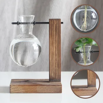 

Drop Shipping Hydroponic Plant Vases Vintage Flower Pot Transparent Vase Wooden Frame Glass Tabletop Plants Home Bonsai Decor