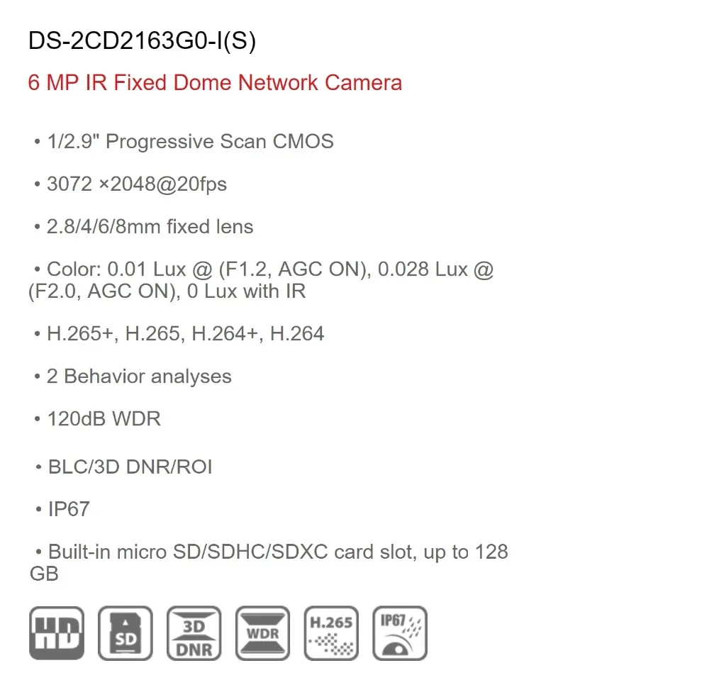 Hikvision 6mp ip-камера DS-2CD2163G0-I заменой DS-2CD2185FWD-I poe H.265 IP67 камера безопасности IR30m Фиксированная купольная сетевая камера