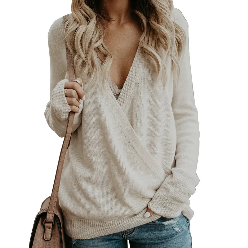 

Adisputent Women Sexy Deep V-Neck Knitted Sweater 2018 Autumn Solid Long Sleeve Cross Loose Casual Pullovers Plus Size