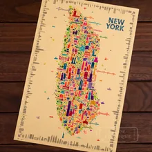 Mapa Pop de Nueva York, edificios emblemáticos, clásico, Vintage, decoración en papel Kraft, póster, mapas, hogar, carteles para Bar, pared, adhesivo decorativo