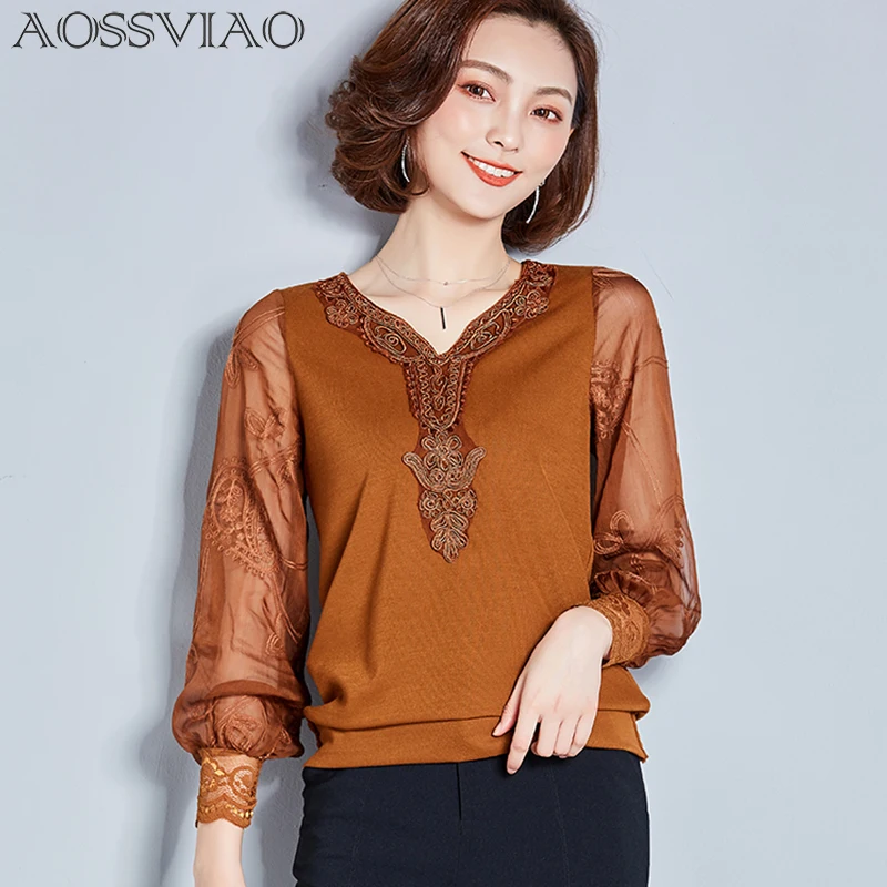 2019 mujeres Blusas Tops y Ropa de manga larga de encaje de malla blusa Blusas Femininas Ropa de Mujer negro rojo caqui 2019 mujeres Blusas Tops y Ropa de manga larga de encaje de malla blusa Blusas Femininas Ropa de Mujer negro rojo caqui