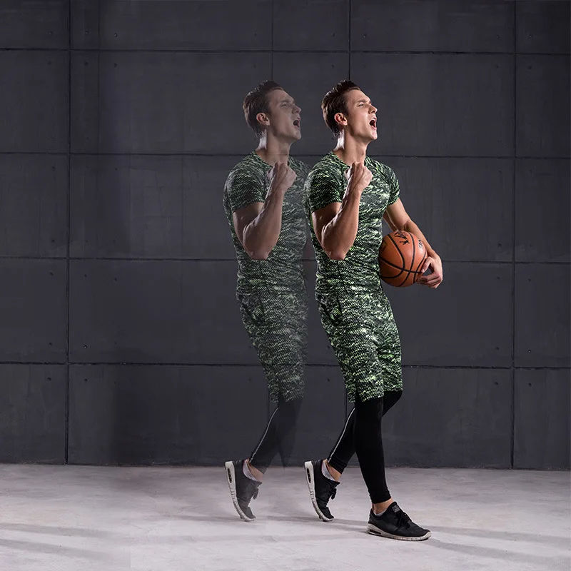 

Men's Sports Three-piece Suit Summer T-shirt + Shorts + Tights Leggings Clothing Male Gym Running Fitness Sportswear Suit