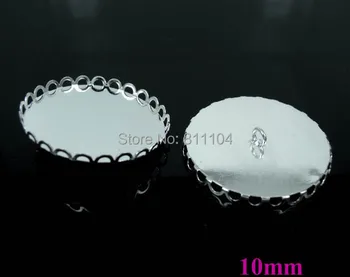 

10mm New Silver tone Plated Copper Blank Bases Round Lace Bezel Cabochon Settings Caps Buttons Back Loop Findings Wholesale
