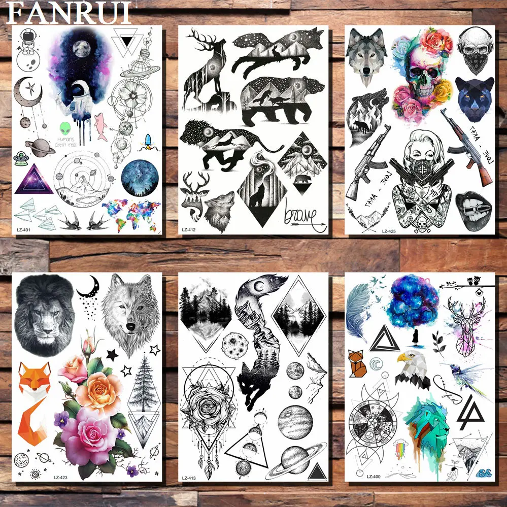 

FANRUI Galaxy Mountain Body Art Men Women Temporary Tattoos Waterproof Fox Deer Lion Tatoo Stickers Arm Ankle Fake Tattoo Paper