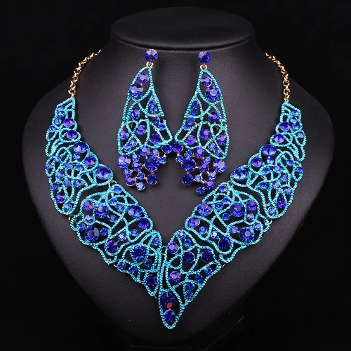 Fashion Bridal Jewelry Sets For Brides Blue Crystal Sapphire Statement Necklaces Earrings Wedding Party Dress Accessories Gift