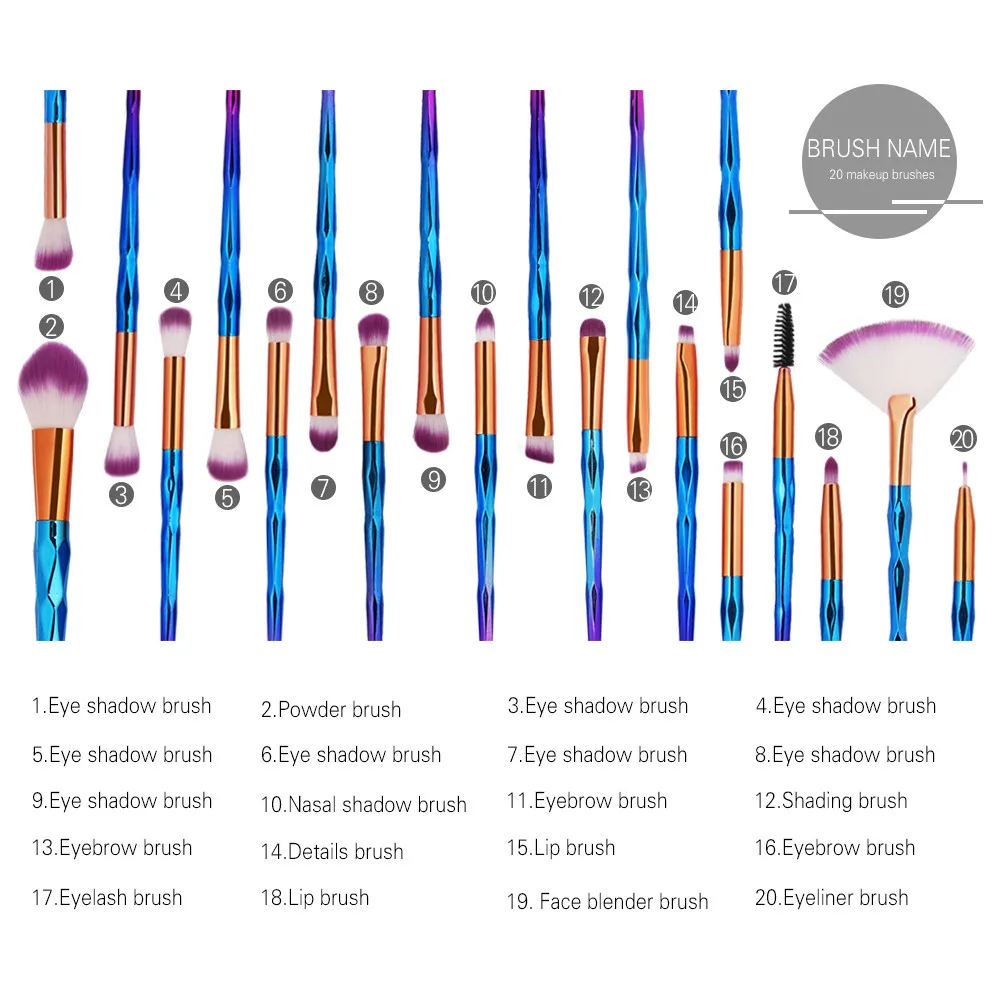 

HAICAR 20Pcs Makeup Brushes Set Diamond Powder Eye Shadow Foundation Concealer Blush Lip Cosmetics Make Up Beauty Brush Tool