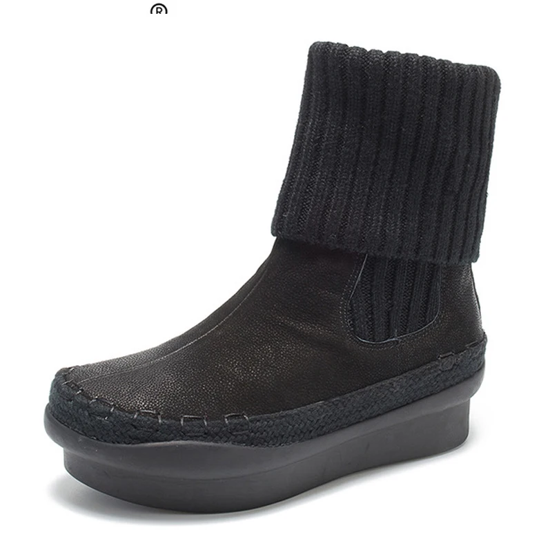 

Full Grain Genuine Natural Leather Knitted Slip-on Boots thicken The Sole Short Plush Inside Sewing Winter Shoes For Women