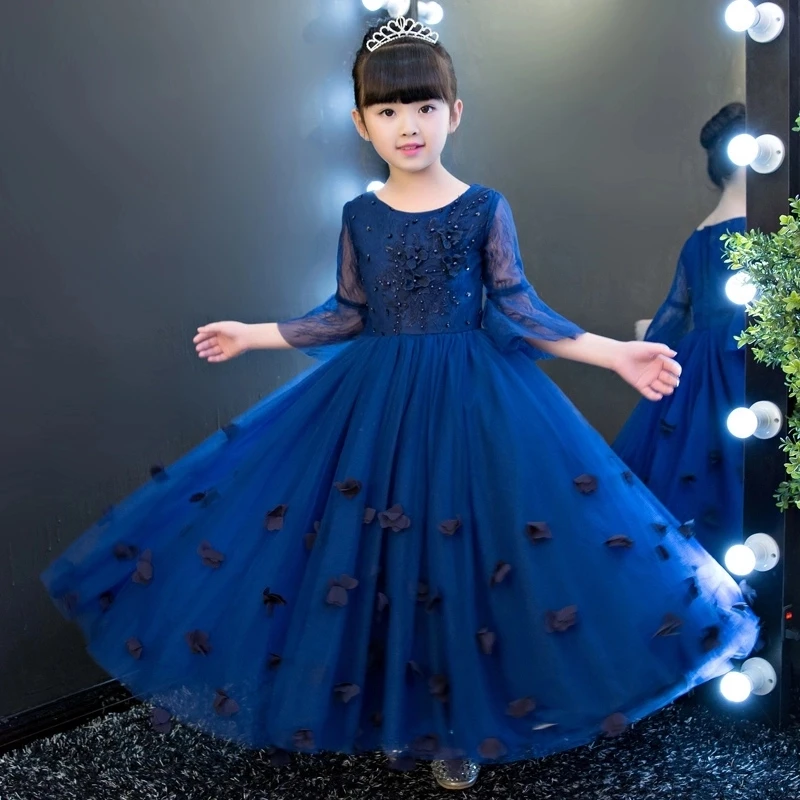 Г., Платья с цветочным узором для девочек на свадьбу, Королевский синий цвет, нарядное платье для девочек на день рождения платье принцессы, детское осеннее платье