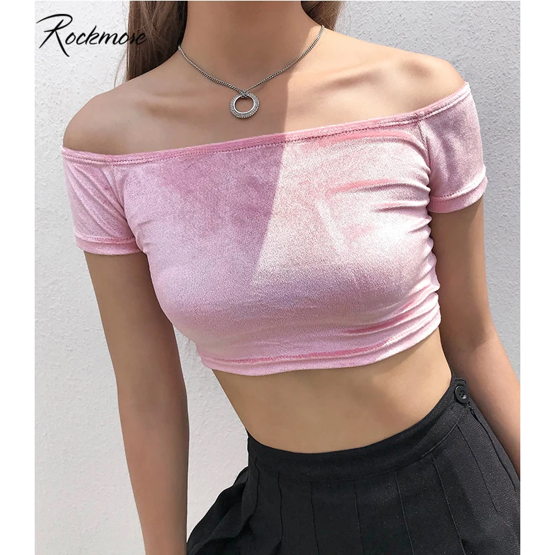 

Rockmore Velour Bodycon Slash Neck Pink T-Shirt Women Short Sleeve Casual Tshirt Female Woman Crop Tops Tees Summer Streetwear