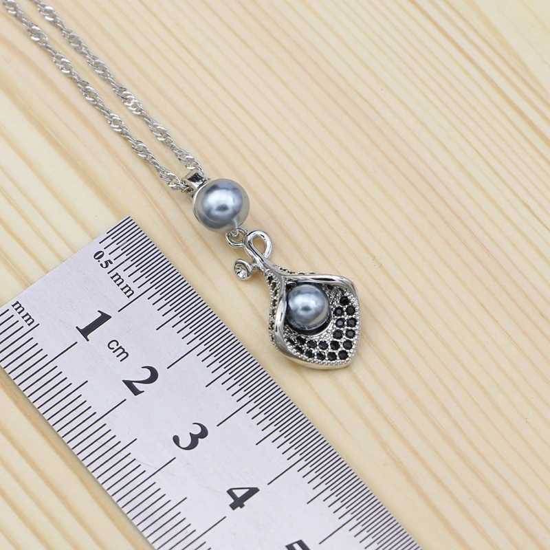 Najtaniej Szara perła 925 srebro biżuteria ustawia czarny cyrkonia dla kobiet Party Horn kształt spadek kolczyki otwarty wisiorek obrączka naszyjnik zestaw