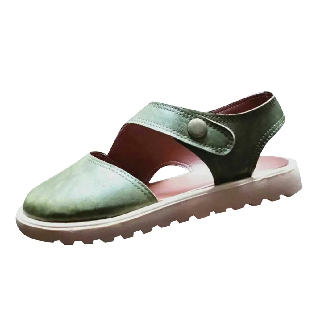 Женская обувь на толстой подошве; летние женские туфли с закрытым носком; сандалии с круглым носком; сандалии с пуговицами в стиле ретро; обувь на плоской подошве - Цвет: Зеленый