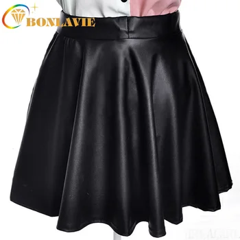 

Women Cloth Skirt Slimming Empire Waist Skirt 100-fold One-half-skirt Thin-and-thin Base Short PU Skirt Solid Black Above Knee