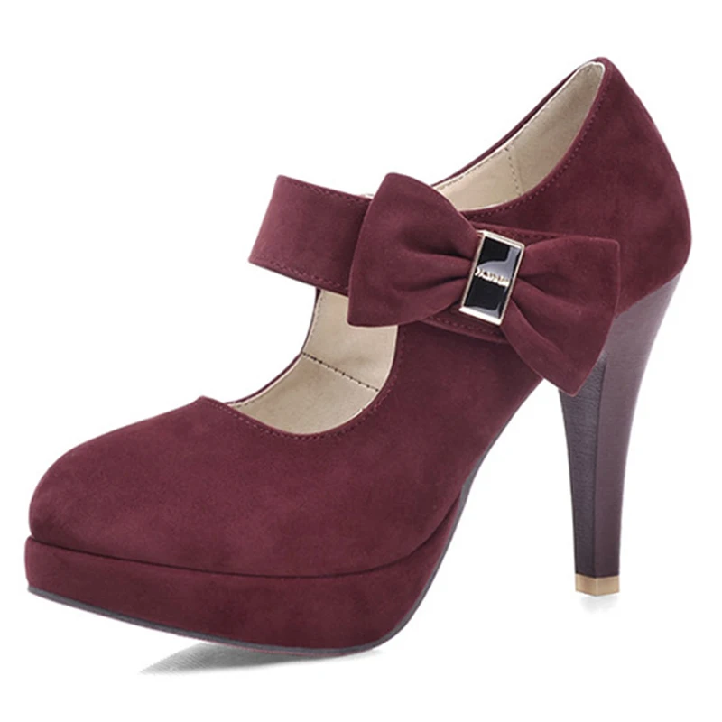 ANMAIRON/женские туфли-лодочки на платформе в винтажном стиле с маленьким бантом; пикантные женские туфли на высоком каблуке; свадебные туфли для женщин; большие размеры - Цвет: Wine red