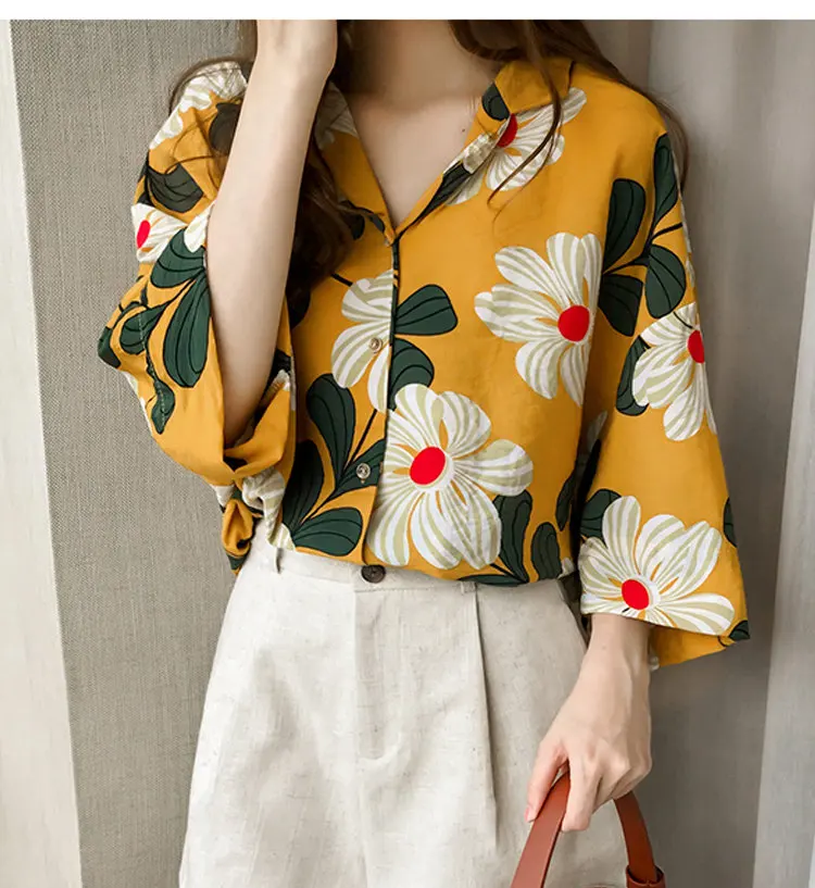 Summer Tops Women Blouses 2019 New Chic Flower Shirt Casual Chiffon Blusas Mujer Fashion Print Tops Plus Size Shirts Femme  (4)