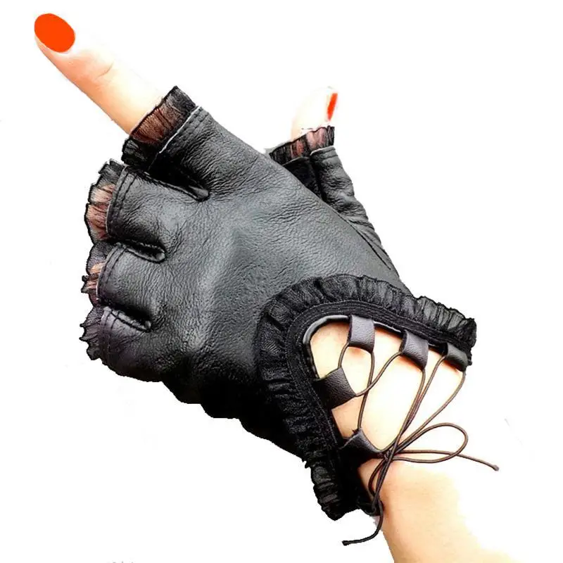 Women Black Half Finger Genuine Leather Gloves Soft Sheepskin Lace Trim