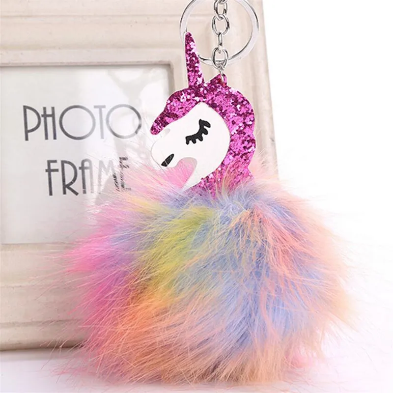 

Fluffy Unicorn Keychain Faux Rabbit Fur Key Chains Chaveiro Pony Key Ring Holder Women Hang Bag Charm Pendant Car Accessories