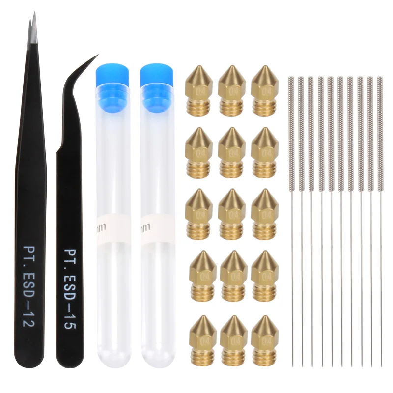 KEE PANG 15pcs mk8 nozzle 0.4mm+ 10pcs Cleaning Needles 0.4mm Drill Bits+Pt. ESD-15/PT.ESD-12 tweezers 3D printer accessories