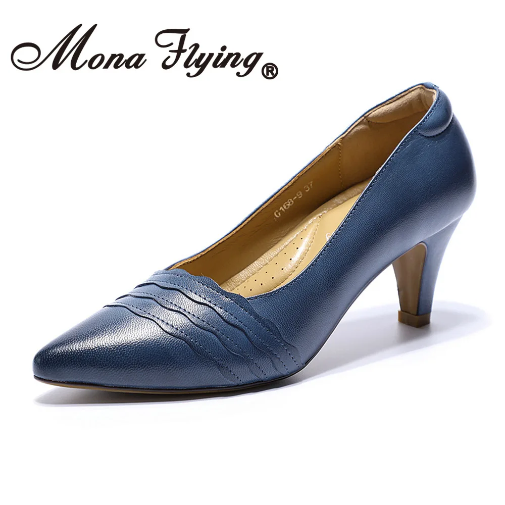 Mona Flying/женские кожаные туфли-лодочки; модные удобные туфли ручной работы с острым носком на высоком каблуке для офиса; вечерние женские G168-9 - Цвет: Blue