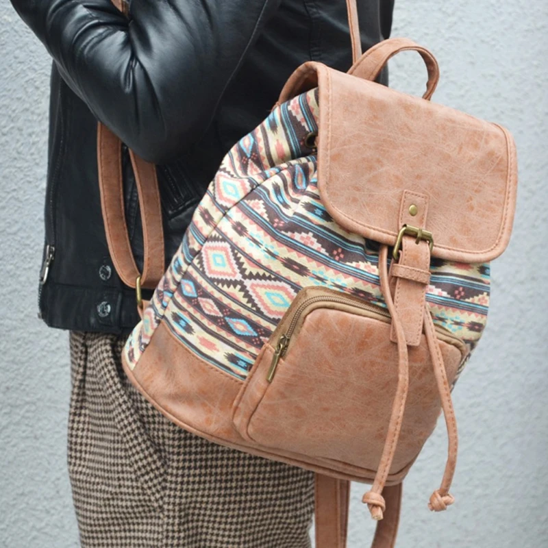 

Girls School Bags Women Print 1016D Drawstring Vintage Canvas Backpack